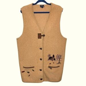 Vintage Boiled Wool Vest Jacket Sz 1X Tan Brown Embroidered Landscape Neutral